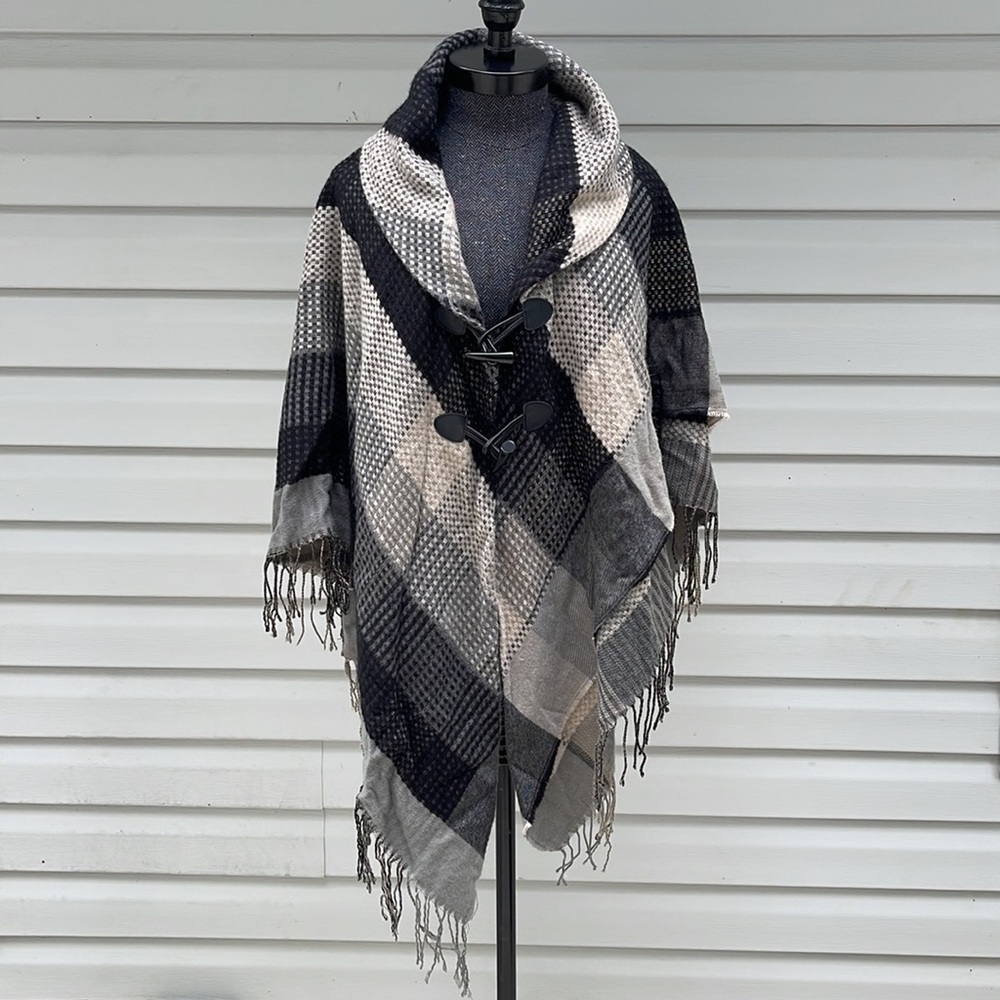 Lightweight Fringe Plaid Buffalo Check Fall Poncho Coat One Size